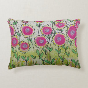 Pink Flowers Green Leaves Accent Pillow