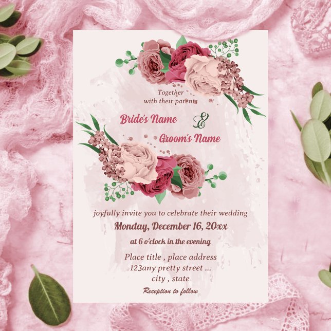 pink flowers green leaves botanical wedding invitation (Creator Uploaded)