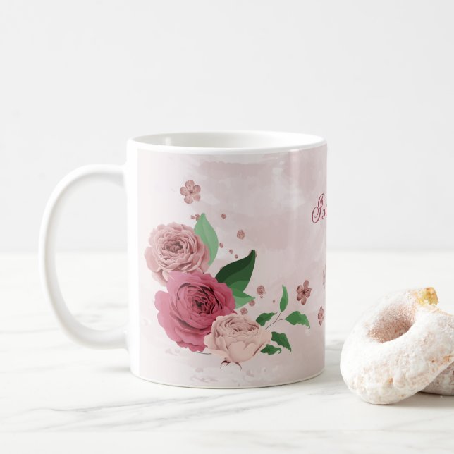 pink flowers green leaves  coffee mug (With Donut)
