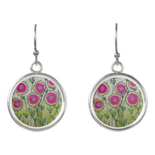 Pink Flowers Green Leaves Earrings