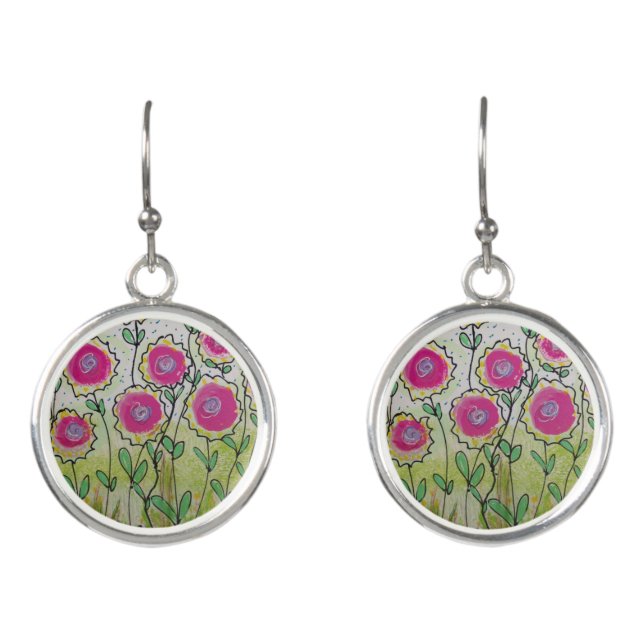 Pink Flowers Green Leaves Earrings (Front)
