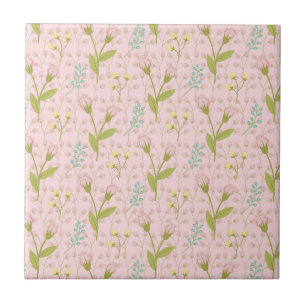 Pink Flowers Green Leaves Floral Garden Spring Ceramic Tile