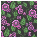 Pink flowers/green leaves/Folk art floral/black Fabric
