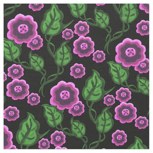 Pink flowers/green leaves/Folk art floral/black Fabric