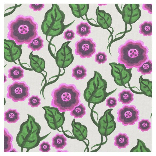 Pink flowers/green leaves/Folk art floral Fabric