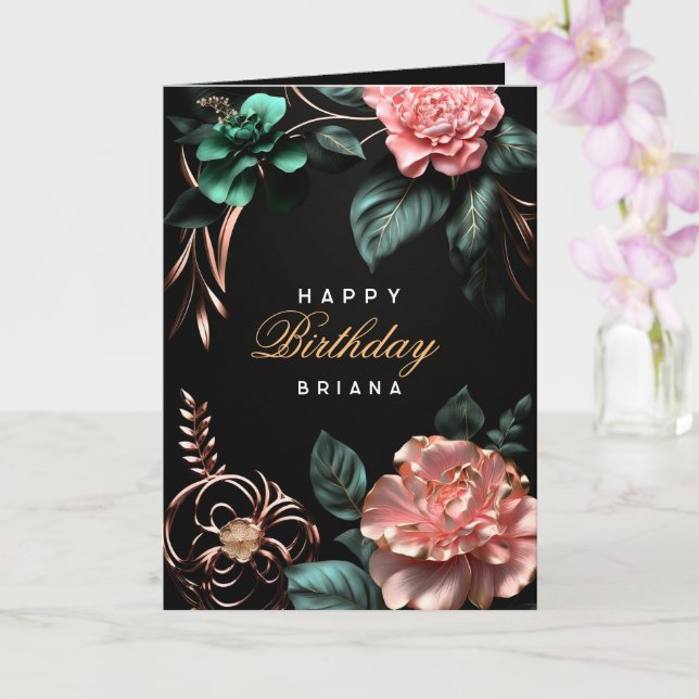 Pink flowers green leaves golden elements birthday card (Orchid)