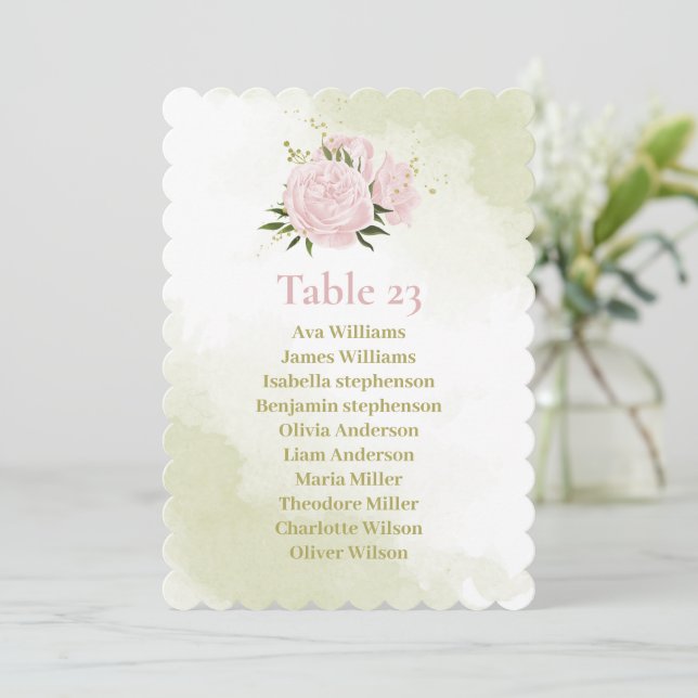 pink flowers green leaves seating chart card (Standing Front)