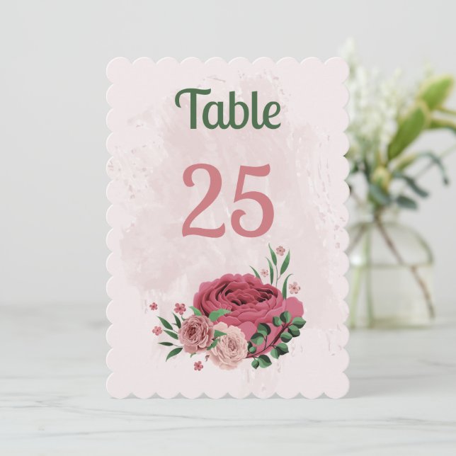 pink flowers green leaves table number card (Standing Front)