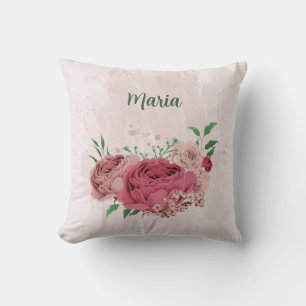 pink flowers green leaves throw pillow