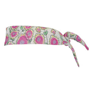 Pink Flowers Green Leaves Tie Headband