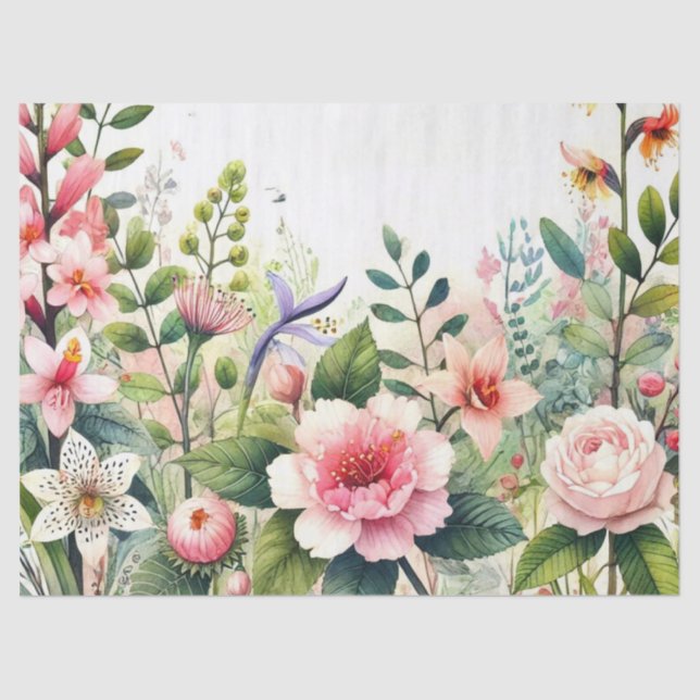 Pink Flowers Green Leaves  Tissue Paper (Front)