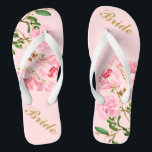 Pink Flowers Green Leaves Watercolor Golden Bride Flip Flops<br><div class="desc">Pink Flowers Green Leaves Watercolor Golden Script Bride Flip Flops ♥ Customize it with your wording by using the template fields. ♥ If you want to change the font style, color or text placement, simply click the "Customize Further" button. ♥ If you need assistance or have any special request, please...</div>