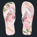 Pink Flowers Green Leaves Watercolor Golden Bride Flip Flops<br><div class="desc">Pink Flowers Green Leaves Watercolor Golden Script Bride Flip Flops ♥ Customize it with your wording by using the template fields. ♥ If you want to change the font style, color or text placement, simply click the "Customize Further" button. ♥ If you need assistance or have any special request, please...</div>