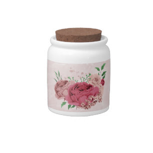pink flowers green leaves wedding candy jar