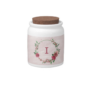 pink flowers green leaves wedding  candy jar
