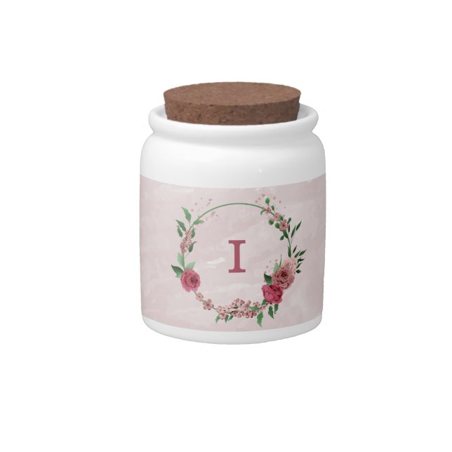 pink flowers green leaves wedding  candy jar (Front)