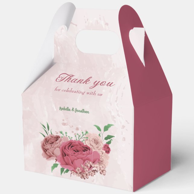 pink flowers green leaves wedding  favor boxes (Front)