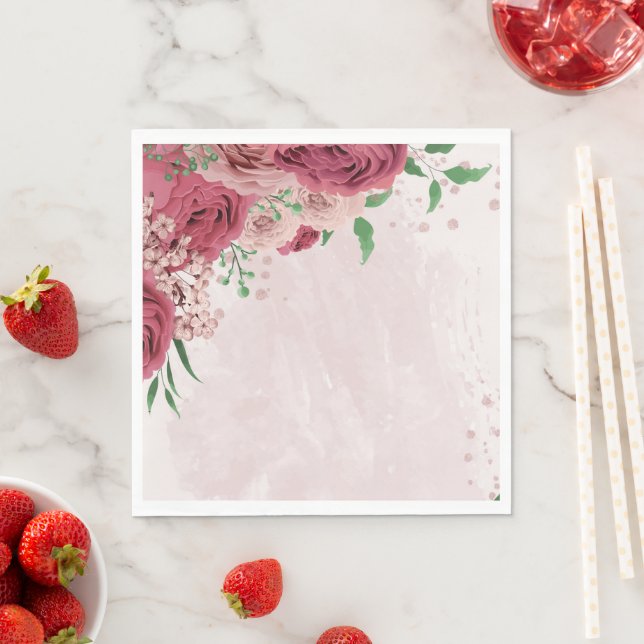pink flowers green leaves wedding napkins (Insitu)