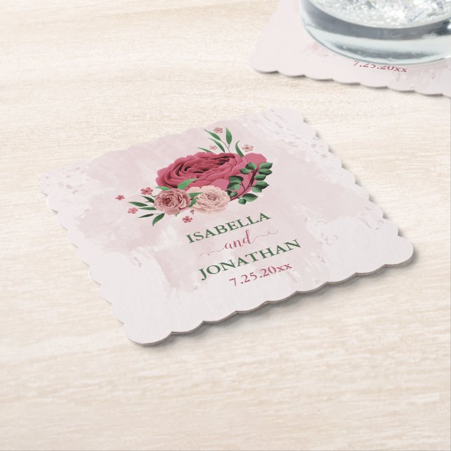 pink flowers green leaves wedding paper coaster (Angled)