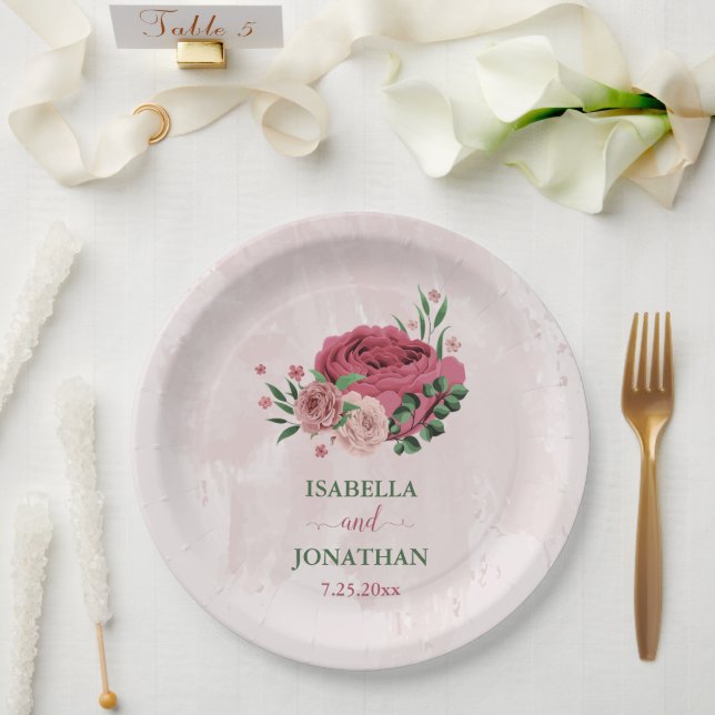 pink flowers green leaves wedding paper plates (Wedding)
