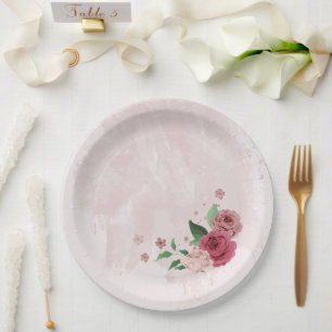 pink flowers green leaves wedding paper plates