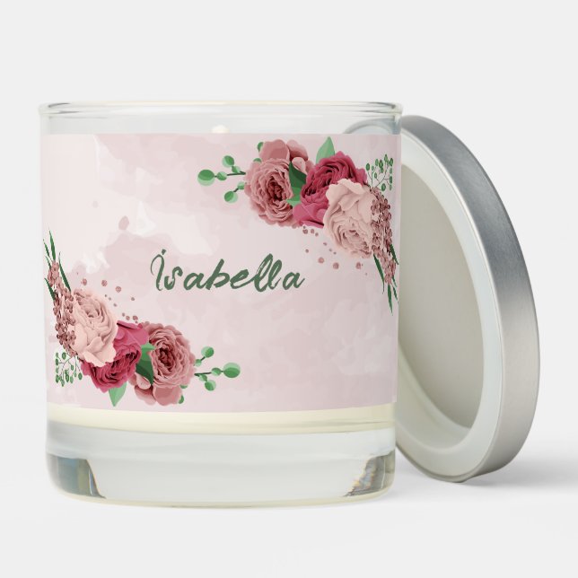 pink flowers green leaves wedding scented candle (Lid)