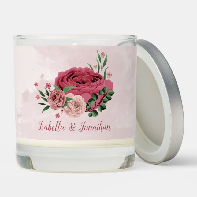 pink flowers green leaves wedding scented candle (Lid)