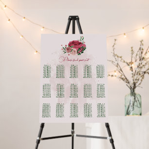 pink flowers green leaves wedding seating chart foam board