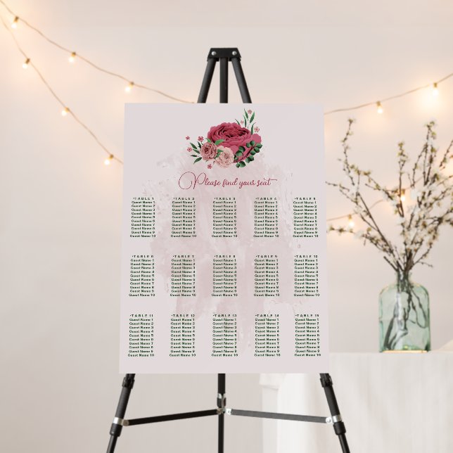 pink flowers green leaves wedding seating chart foam board (In Situ (Stand))