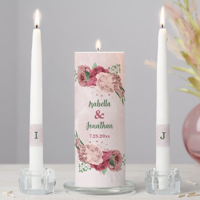 pink flowers green leaves wedding unity candle set (In Situ)