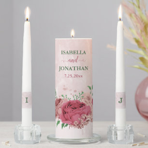 pink flowers green leaves wedding unity candle set