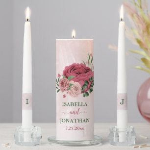 pink flowers green leaves wedding unity candle set