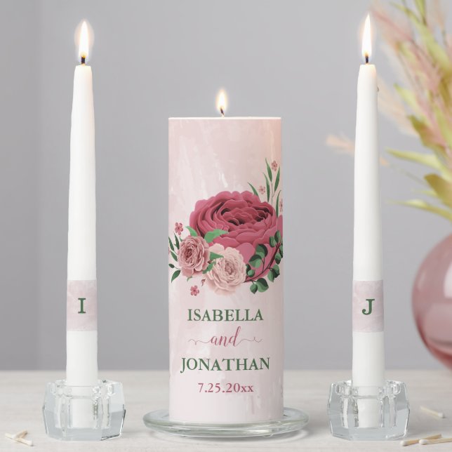 pink flowers green leaves wedding unity candle set (In Situ)