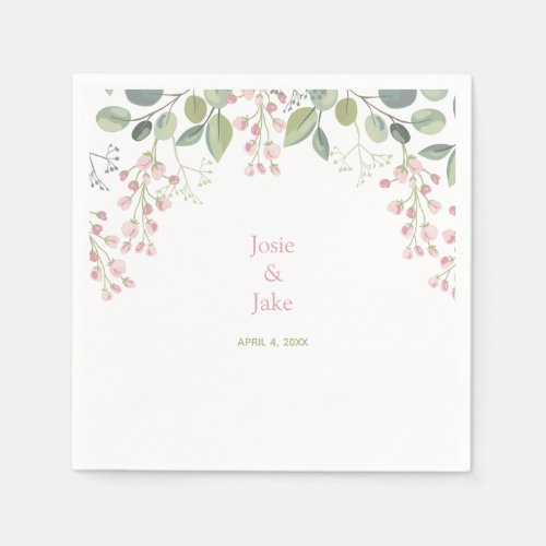 Pink flowers green olives border Wedding names Napkins