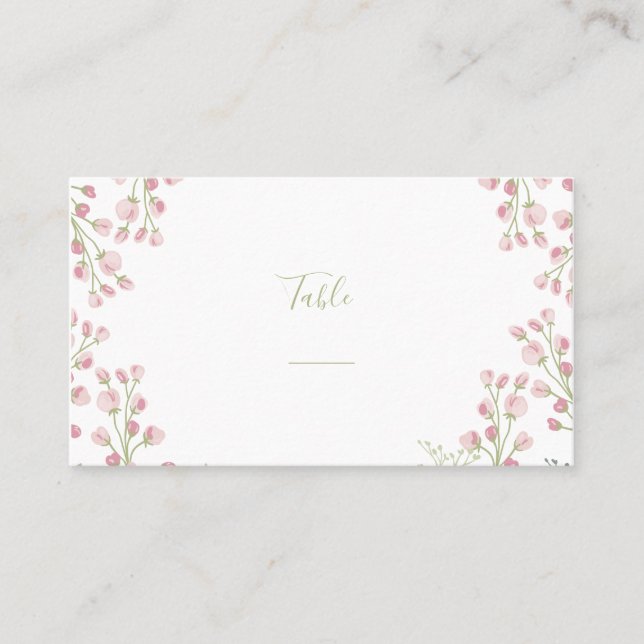 Pink flowers, green script table number place card (Front)