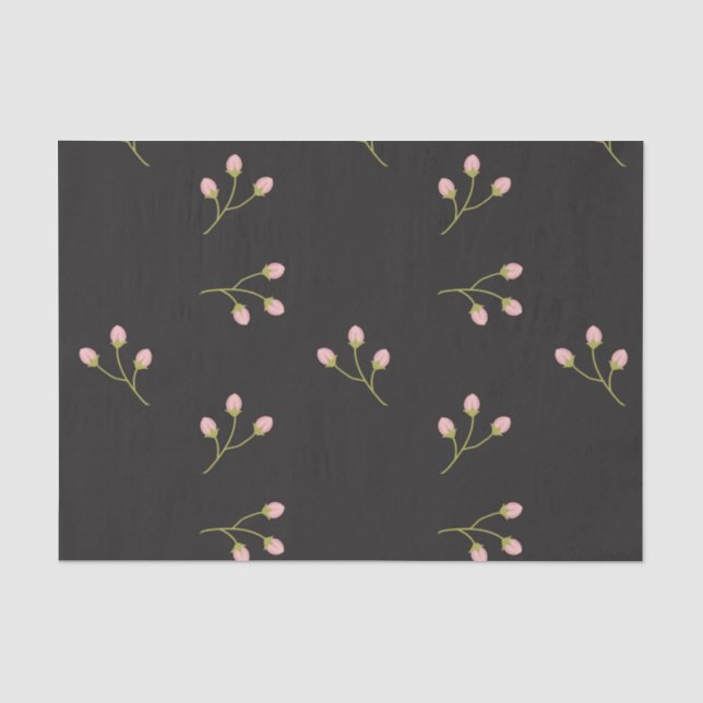 Pink Flowers Green Stem Black Floral Spring Tissue Paper (Front)