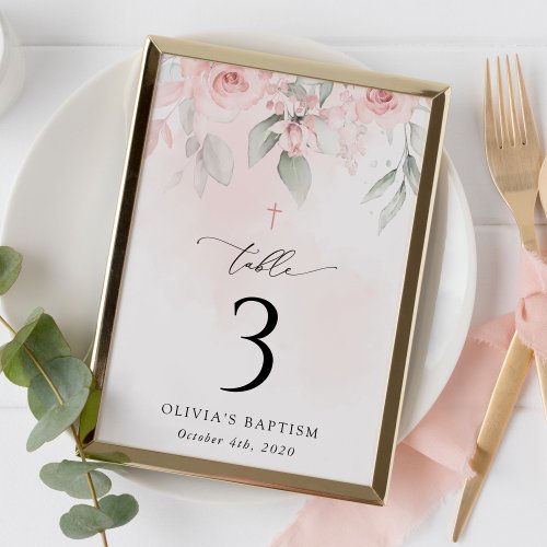 Pink Flowers, Greenery, Baptism Table Numbers
