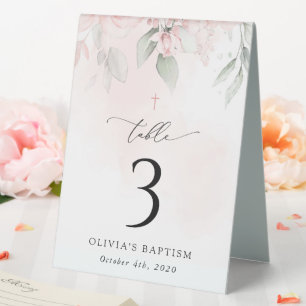 Pink Flowers, Greenery, Baptism Table Numbers Table Tent