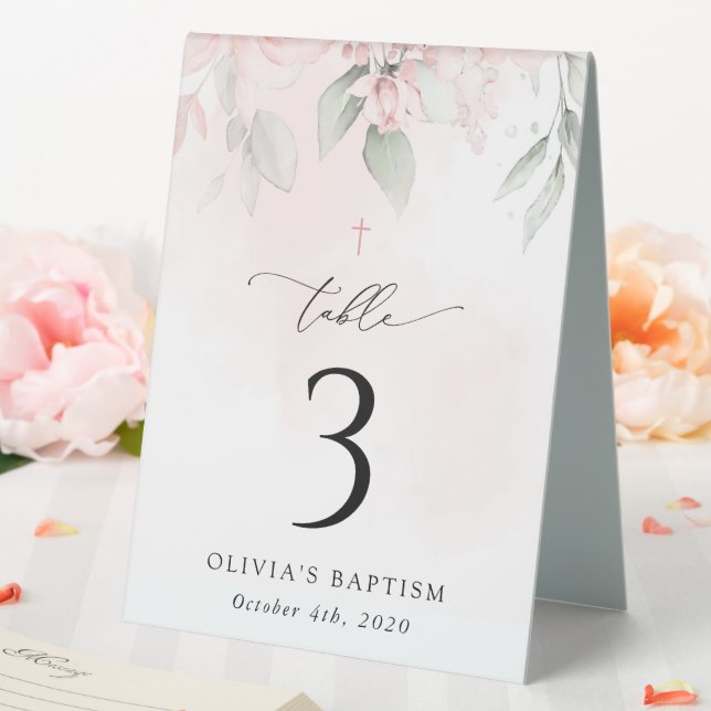 Pink Flowers, Greenery, Baptism Table Numbers Tent (In SItu (Wedding))