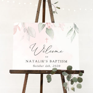 Pink Flowers, Greenery, Boho, Baptism Welcome Sign