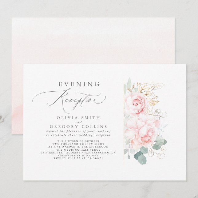 Pink Flowers Greenery Elegant Evening Reception Invitation (Front/Back)