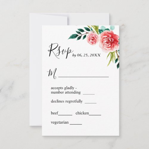 Pink Flowers Greenery Floral Meal Choices Wedding RSVP Card