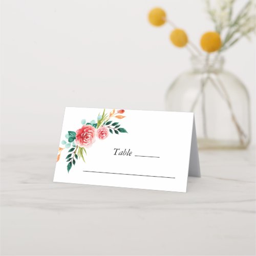 Pink Flowers Greenery Floral Watercolor Wedding Place Card