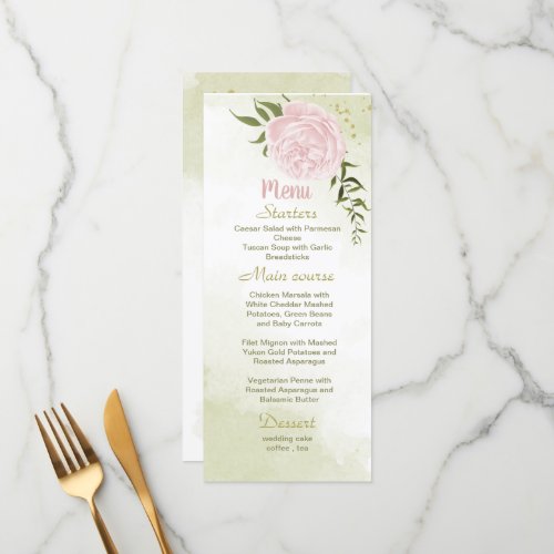 pink flowers greenery wedding menu