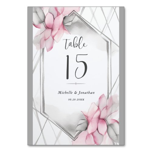 Pink Flowers Grey Geometric Frame Modern Wedding Table Number