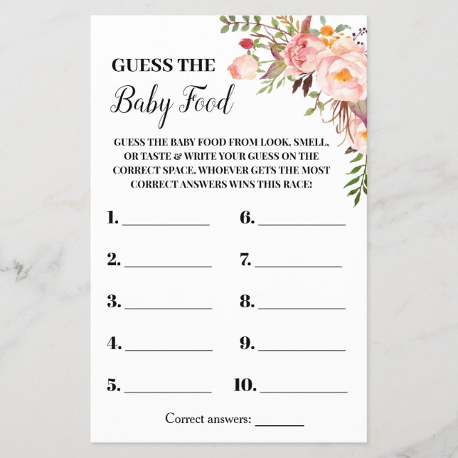 Pink Flowers Guess the Baby Food Shower Game Card Flyer (Front)
