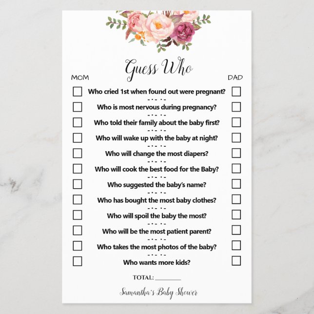 Pink Flowers Guess Who Baby Shower Game Card Flyer (Front)