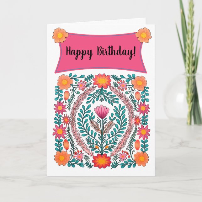 Pink Flowers Happy Birthday Card (Front)