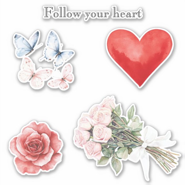 Pink Flowers Heart Butterflies Roses Sticker (Front)