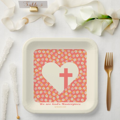 Pink Flowers Heart  Christian Cross Womens Paper Plates